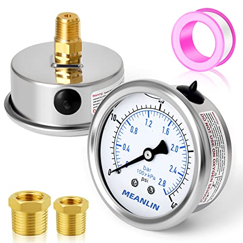 MEANLIN MEASURE 0~40Psi Stainless Steel 1/4" NPT 2.5" FACE DIAL Liquid Filled Pressure Gauge WOG Water Oil Air, Cencter Back Mount, with 1/2" NPT and 3/8" NPT Hex Bushing - size: 0-40Psi