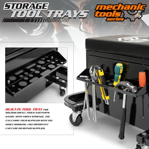 M-AUTO Rolling Mechanic Stool Garage Toolbox Stool Tool Chest Seat w/Wheels, 350LBS Capacity Padded Mechanic Stool Creeper Seat w/Drawers & Side Tool Trays for Home Garage and Workshop, Black