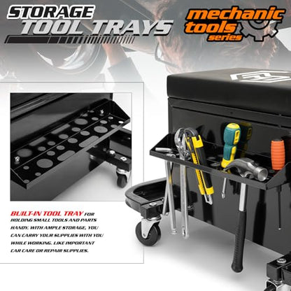 M-AUTO Rolling Mechanic Stool Garage Toolbox Stool Tool Chest Seat w/Wheels, 350LBS Capacity Padded Mechanic Stool Creeper Seat w/Drawers & Side Tool Trays for Home Garage and Workshop, Black