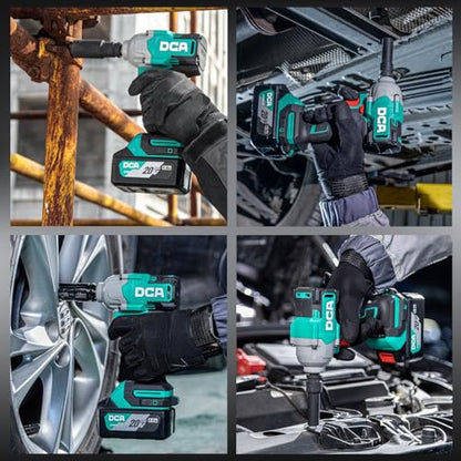 DCA Cordless Impact Wrench 1/2 INCH, Max 503Ft-lbs/682N.m Brushless Impact Gun, High Torque Electric Impact Driver with Hog Ring, 4 Modes with Smart Loosen Function, 2 * 4.0Ah Battery