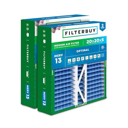 Filterbuy 20x20x5 Air Filter MERV 13 Smoke & Allergy Defense (2-Pack) - size: 20x20x5 (Actual: 19.63 x 19.88 x 4.38)