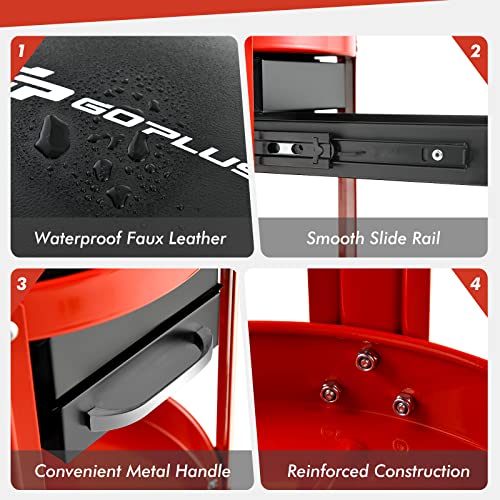 Goplus Rolling Mechanic Stool, Shop Stool Creeper Seat with Removable Padded Seat, 2 Drawers, Tool Tray, Twin Can Holder, Universal Wheels, Round Garage Workshop Chair, 330 Lbs Max Capacity (Red) - color: Red