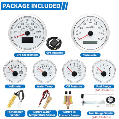 MH 6 AUTO Boat Gauge Set - 3-3/8" 80MPH & 120KM GPS Speedometer, Tachometer, 2-1/16" Oil Pressure Gauge, Fuel Level, Water Temperature, Voltmeter Alarm Marine Meter Kit with Sensor(White) - color: White