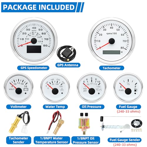 MH 6 AUTO Boat Gauge Set - 3-3/8" 80MPH & 120KM GPS Speedometer, Tachometer, 2-1/16" Oil Pressure Gauge, Fuel Level, Water Temperature, Voltmeter Alarm Marine Meter Kit with Sensor(White) - color: White