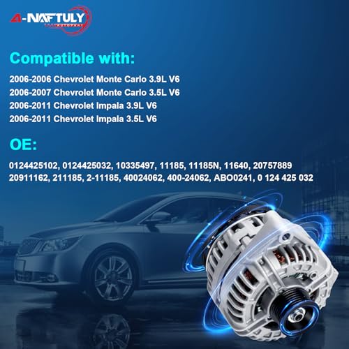 Alternator Replacement for 2006-2011 Chevrolet Impala 3.5L 3.9L, 06-07 Monte Carlo 3.5 3.9, 120A, V6, High Output Alternator 10335497, 20757889, 20911162, 400-24062, ABO0241, 90-15-6502, 11185N