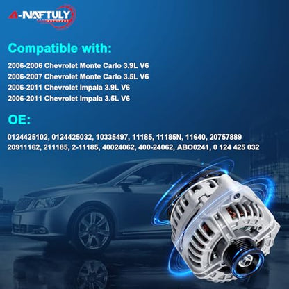 Alternator Replacement for 2006-2011 Chevrolet Impala 3.5L 3.9L, 06-07 Monte Carlo 3.5 3.9, 120A, V6, High Output Alternator 10335497, 20757889, 20911162, 400-24062, ABO0241, 90-15-6502, 11185N