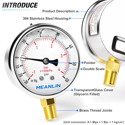 MEANLIN MEASURE -30inHG~60Psi Stainless Steel 1/4" NPT 2.5" FACE DIAL Vacuum Pressure Gauge, Lower Mount, with 1/2" NPT and 3/8" NPT Hex Bushing - size: -30inHG-60Psi