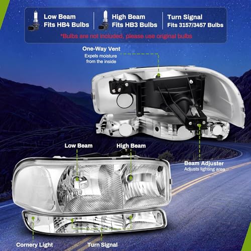 AUTOSAVER88 Headlight Assembly Compatible with 1999-2006 GMC Sierra - color: OE - Chrome/Clear/Clear