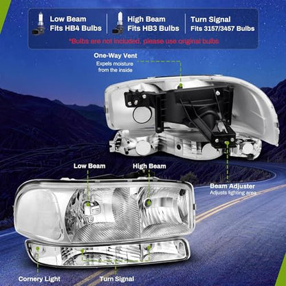 AUTOSAVER88 Headlight Assembly Compatible with 1999-2006 GMC Sierra - color: OE - Chrome/Clear/Clear