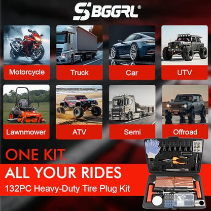 132Pcs Heavy Duty Tire Repair Kit, Professional Tire Plug Kits with Rubber Nails, 50Pcs Plugs, Fix a Flat Puncture Patch Tools for Motorcycle, Car,Truck, ATV, Auto, UTV & Lawn Mower(Tubeless) - size: 132 Piece Set