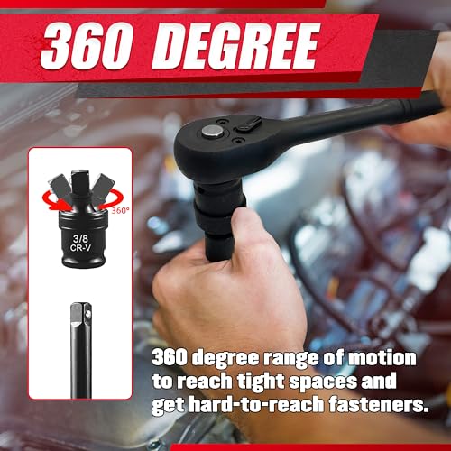EACELIY 64pcs 3/8" Socket Set,Drive Impact Socket Set, SAE/Metric, Deep & Shallow, Cr-V Steel, 6 Point with Adapters, 72T Ratchet Handle, Extension Bars，Bit Adapter，6-24mm，5/16-1 inch - size: 64 PCS (5/16"-1")