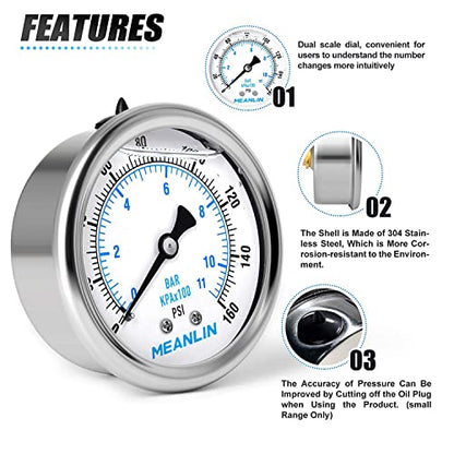 MEANLIN MEASURE 0~160Psi Stainless Steel 1/4" NPT 2.5" FACE DIAL Liquid Filled Pressure Gauge WOG Water Oil Air Center Back Mount, with 1/2" NPT and 3/8" NPT Hex Bushing - size: 0-160Psi