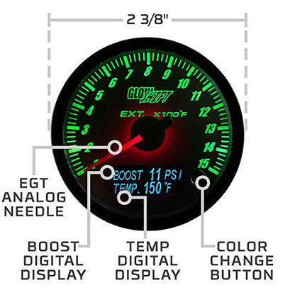 GlowShift 3in1 White 1500F Pyrometer EGT w/Digital Boost & Temp Gauge Kit