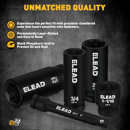 ELEAD 67 Piece 1/2" Drive Deep Impact Socket Set: Standard SAE (3/8"-1-1/4") & Metric (8-24 mm), Including 3 ", 5", 10" Extension Bar, Universal Joint, Ratchet Handle and Adapter - color: 67pcs 1/2'' Drive Impact Socket Set Black