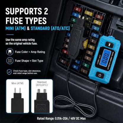 Automotive Circuit Fault Probe Tester, 20A 48V Car Circuit Tester, 0.01A Resolution Inline Current Monitor with Backlit LCD & LED Work Light, Mini & Standard Blade Fuse Compatible