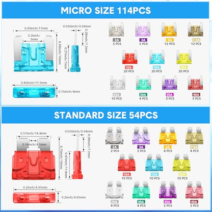 DaisyInner 168 Pcs Car Fuse Assortment Kit 54 Standard and 114 Mini Blade Auto Fuses 2/3/5/7.5/10/15/20/25/30/35/40A, 10 Pcs Car Relay 5 Pin 12V 30/40A and 2 Pcs Relay Fuse Puller Pliers Removal Tools