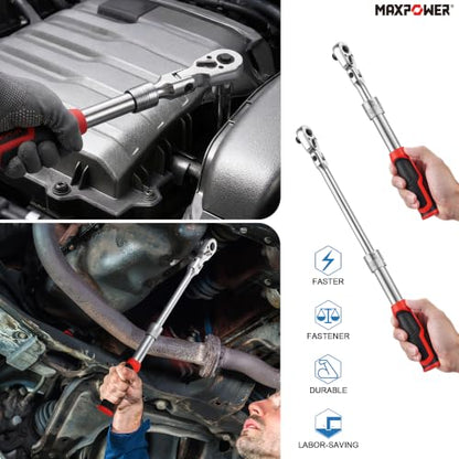 MAXPOWER 3/8" Dr Flex Head Socket Wrench, Extendable 11.6"- 17.1, Soft Grip - size: 3/8"