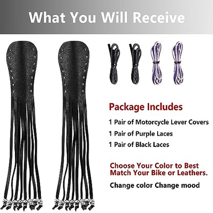 2 PCS Faux Leather Motorcycle Lever Covers with Fringes, Motorcycle Brake Clutch Lever Covers Grip Tassels Motorcycle Handlebar Handle Grip Covers, Fringed Leather Lever Covers Wraps with Skulls - color: Black & Purple Laces*1 & Black Laces*1