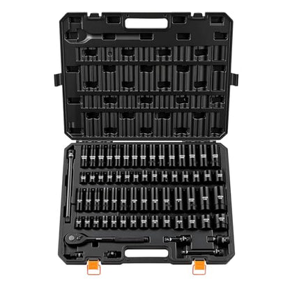 VEVOR 65-Piece 1/2" Drive Impact Socket Set, SAE (3/8" to 1-1/4") & Metric (10 to 24 mm), CR-V, Deep & Shallow, 6 Point, Ratchet Handle, Universal Joint, Adapters, Extension Bars (3, 5, 10 in) - size: 1/2" 65PCS