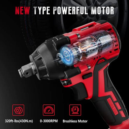 SEYVUM Impact Wrench,1/2" Impact Gun, Power Impact Driver Max Torque 320 Ft-lbs (430N.m), Cordless Impact Wrench with 20V Brushless Motor, 4.0Ah Li-ion Battery with Fast Charger, 4 Pcs Impact Sockets - style: 430 N.m