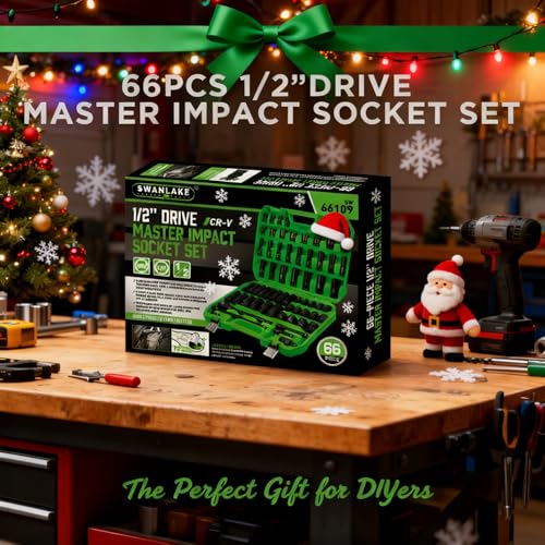 SWANLAKE 1/2" Drive Impact Socket Set, 66-Piece Standard SAE (3/8"-1-1/4") and Metric (8-24mm) Size, 6 Point, Cr-V, 1/2-Inch Drive Ratchet Handle, Extension Bar, Impact Universal Joint - style: 1/2'' 66PCS