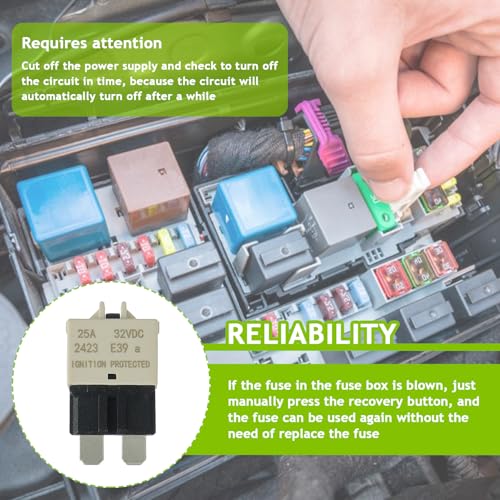25A DC 12V-32V Manual Reset Circuit Breaker ATC/ATO Low Profile T3 Mini Blade Fuses Breakers for Car Trucks Marine Boat RV Solar and More,2 Pack - style: E39-ATC/ATO-Manual Reset