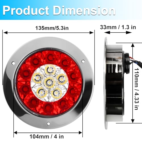LIGBT 2Pcs 4 Inch Red White LED Round Trailer Tail Lights and Reverse Lights 16LEDs IP67 Waterproof Red Stop Turn Tail Lights and White Backup Lights Kit for Boat Trailer Truck RV - color: Red&White 2pcs