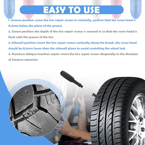 100PCS Tire Repair Kit,Self-Service Tire Screw Plug Repair Kit Includes 3-Size Plugs & Screwdrivers,Professional Screw in Tires Plugs Kits for Quick Repairing Tires Puncture