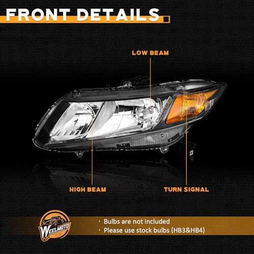 WEELMOTO Halogen Headlights Assembly for 2012-2015 Honda Civic 4Dr Sedan - color: Clear Lens l Black Housing l Amber Reflector