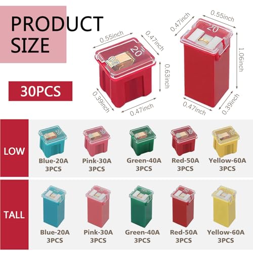 30 PCS Car Cartridge Fuses, Low and Tall Case Fuse Assortment Kit (20A, 30A, 40A, 50A, 60A), Automotive Box Shaped Micro Assortment, for Car Trucks SUVs Boats ATVs UTVs (Multicolored)