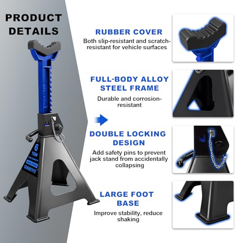 6 Ton (13,200 LBs) Jack Stands with Double Pin Locking,Rubber Cover and Large Foot Base,15"-23" Adjustable Height,Heavy Duty Car Jack Stands,Lifting Bus,RV,SUV,MPV,Pickup,ATV/UTV,1 Pair,Blue - color: blue-standard, size: 6ton Load Capacity