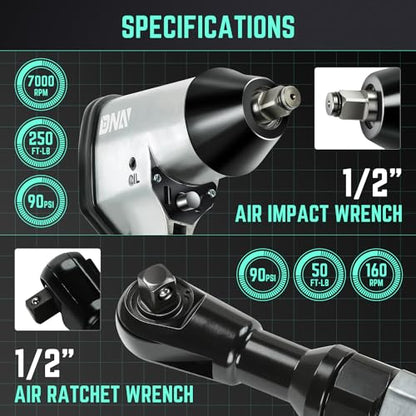DNA MOTORING 17 Pcs Air Tool Kit 1/2-Inch Pneumatic Air Impact & Ratchet Wrench Kit Torque Wrench for Repairs, w/Case, Sliver/Black, TOOLS-00530 - style: 17Pc Combination set