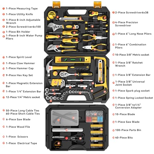 328 Piece Tool Kit for Home,Hand Repair Tool Set,Toolbox Storage Case with Drawer,General Household/Auto Tool Kit,Perfect for Homeowner, DIY, Handyman - color: Black and yellow