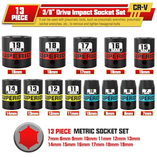 13 Piece 3/8" Drive Impact Socket Set, 7 mm-19 mm Shallow Socket, Metric, 6 Point, CR-V, Automotive Motorcycle and Bicycle Maintenance, Machinery Manufacturing - size: 3/8" Shallow Metric