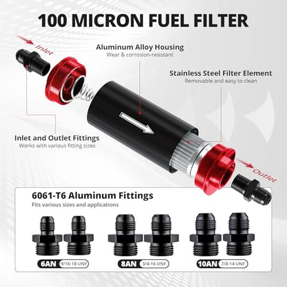 EVIL ENERGY Inline Fuel Filter 100 Micron with 6AN 8AN 10AN Adapter&Bracket Clamp 50MM Universal Red