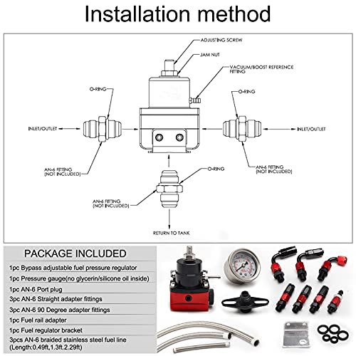 EFI Fuel Pressure Regulator Kit 30-70psi with Gauge 6AN Aluminum Adjustable Universal Fuel Line Hose Fitting Connectors Kit Black&Red - color: Black&Red
