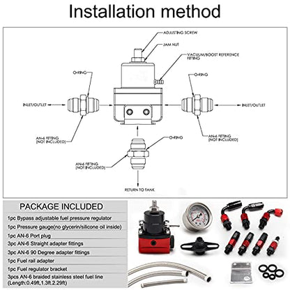 EFI Fuel Pressure Regulator Kit 30-70psi with Gauge 6AN Aluminum Adjustable Universal Fuel Line Hose Fitting Connectors Kit Black&Red - color: Black&Red