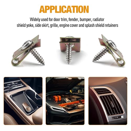 Automotive Screws and Clips, 100PCS Car U‑Clips Nuts 6/8/10/12 Assortment Interior Trim Fasteners with Stainless Steel Screws for Dash Door Panel Interior