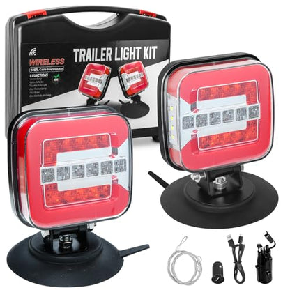 Wireless Trailer Lights Magnetic，Rechargeable LED Towing Tail Lights Universal Turn/Brake/Reverse/License Plate Lights for Trucks, Trailers, RVs, Boats, UTV, ATV - 4-Pin & 7-Pin Plug Compatible