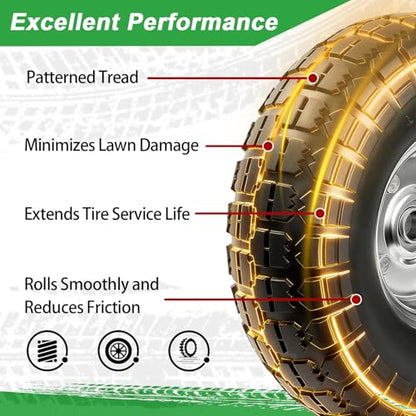 4.10/3.50-4 Tire Wheels Flat Free 10" Heavy Duty Solid Flat-Free Replacement Tire with 5/8 Axle Compatible with Gorilla Carts, Wheelbarrow, Dolly, Hand Truck (2-Pack)