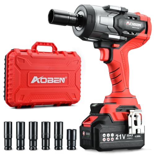 AOBEN 1500N.m Cordless Impact Wrench, 1/2" Heavy Duty Impact Gun, 3-Speed 2500RPM Power Torque for Truck & RV Lug Nuts, Rusted Bolts, 4.0Ah Battery & Fast Charger, 6 Sockets & Carry Case - size: AB-7337-d