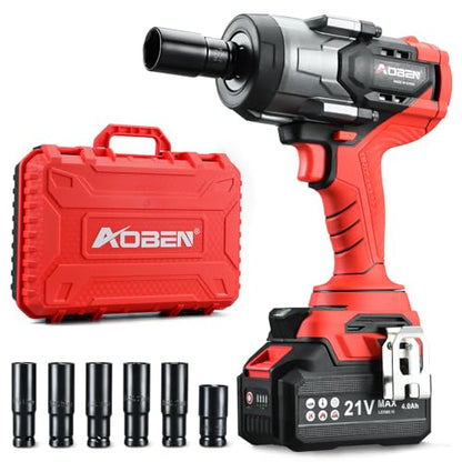 AOBEN 1500N.m Cordless Impact Wrench, 1/2" Heavy Duty Impact Gun, 3-Speed 2500RPM Power Torque for Truck & RV Lug Nuts, Rusted Bolts, 4.0Ah Battery & Fast Charger, 6 Sockets & Carry Case - size: AB-7337-d