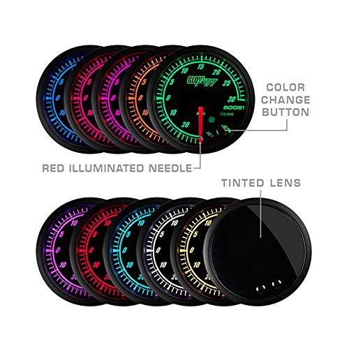GlowShift Elite 10 Color 30 PSI Turbo Boost Vac Gauge Kit, 2-1/16" 52mm