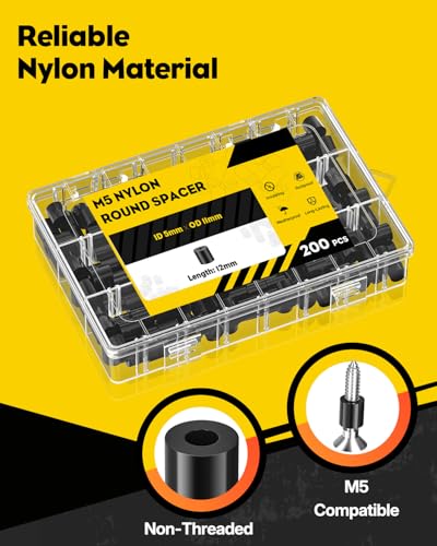 Vibit 200 Pcs M5 Nylon Spacers for Screws, ID 5 mm & OD 11 mm, 12 mm Length, Non-Threaded Plastic Spacers Round Spacers for M5 Screws, Electrical Outlet Spacers, Screw Spacers for Circuit Board, Black - size: M5,200PCS