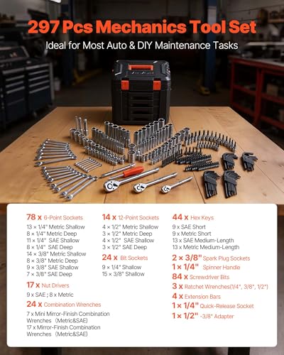VEVOR Mechanics Tool Set, 297-Piece Mechanic Tool Kit, 1/4 in, 3/8 in, and 1/2 in Drive, SAE and Metric Socket Set, Wrenches, Screwdriver Bits, Accessories, and Storage Case, for Automotive Repair - size: 297-PCS