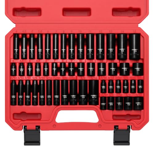 CASOMAN 1/4 Inch Drive Master Impact Socket Set, 50-Piece, 6-Point, SAE/Metric, 5/32 Inch - 9/16 Inch, 4mm - 15mm, Standard/Deep,CR-V - size: 1/4"Dr. Metric & SAE
