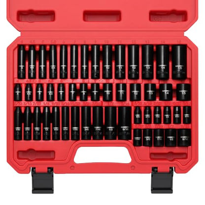 CASOMAN 1/4 Inch Drive Master Impact Socket Set, 50-Piece, 6-Point, SAE/Metric, 5/32 Inch - 9/16 Inch, 4mm - 15mm, Standard/Deep,CR-V - size: 1/4"Dr. Metric & SAE