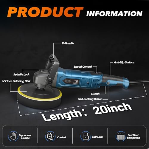 Buffer Polisher, 6 Inch/7 Inch 1600W Rotary Car Buffer Polisher Waxer, 7 Variable Speed 1000-3500 RPM, Detachable Handle for Waxing, Polishing & Scratch Removal - color: Blue