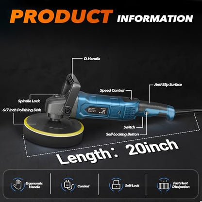 Buffer Polisher, 6 Inch/7 Inch 1600W Rotary Car Buffer Polisher Waxer, 7 Variable Speed 1000-3500 RPM, Detachable Handle for Waxing, Polishing & Scratch Removal - color: Blue