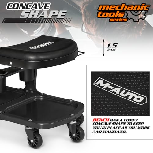 M-AUTO Garage Roller Seat Heavy Duty Rolling Shop Mechanic Creeper/Shop Stool with Tool Tray and Equipment Rack, 300LBS Capacity Creeper Seat with 5 Rollers for Detailing Car, Red